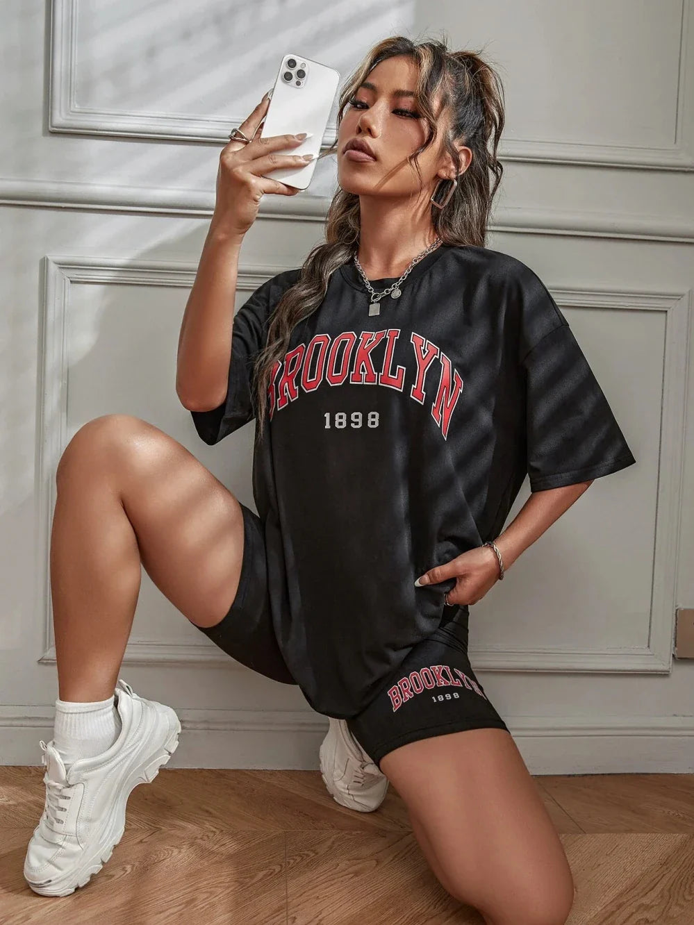 Brooklyn 1898 New York City Letter Graphic Cotton T-Shirt and Oversized Shorts Two-Piece Summer Casual Set for Women S-XL