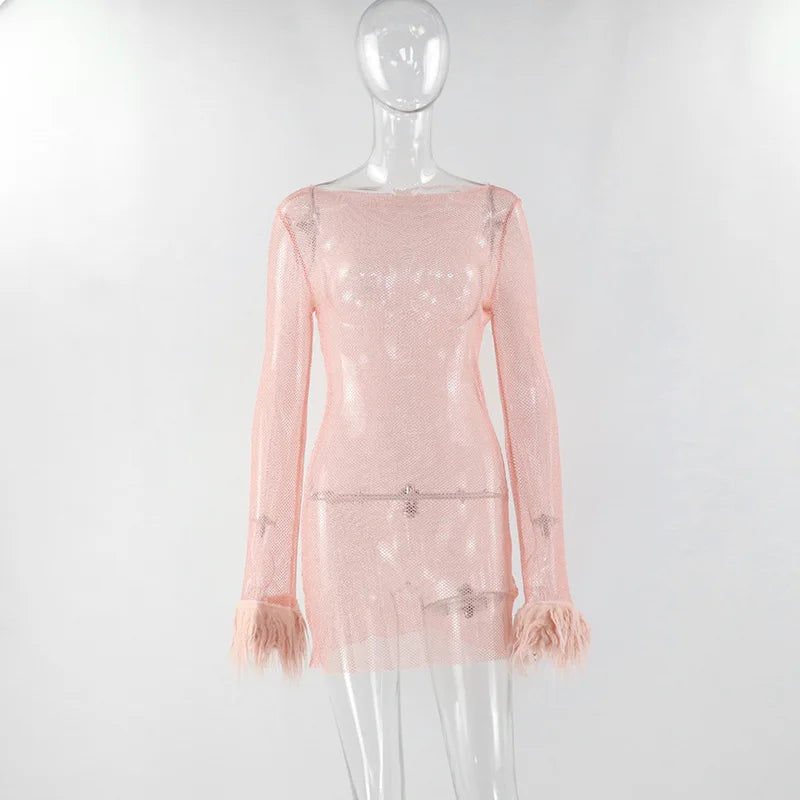 Black Mesh See Through Mini Dress Women Bodycon Clubwear