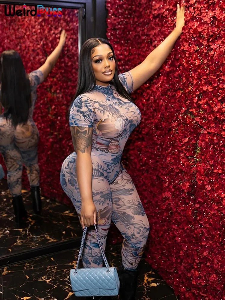 Women's Backless Dragon Print See-Through Jumpsuit Slim Stretch Short Sleeve Workout Overalls Clubwear