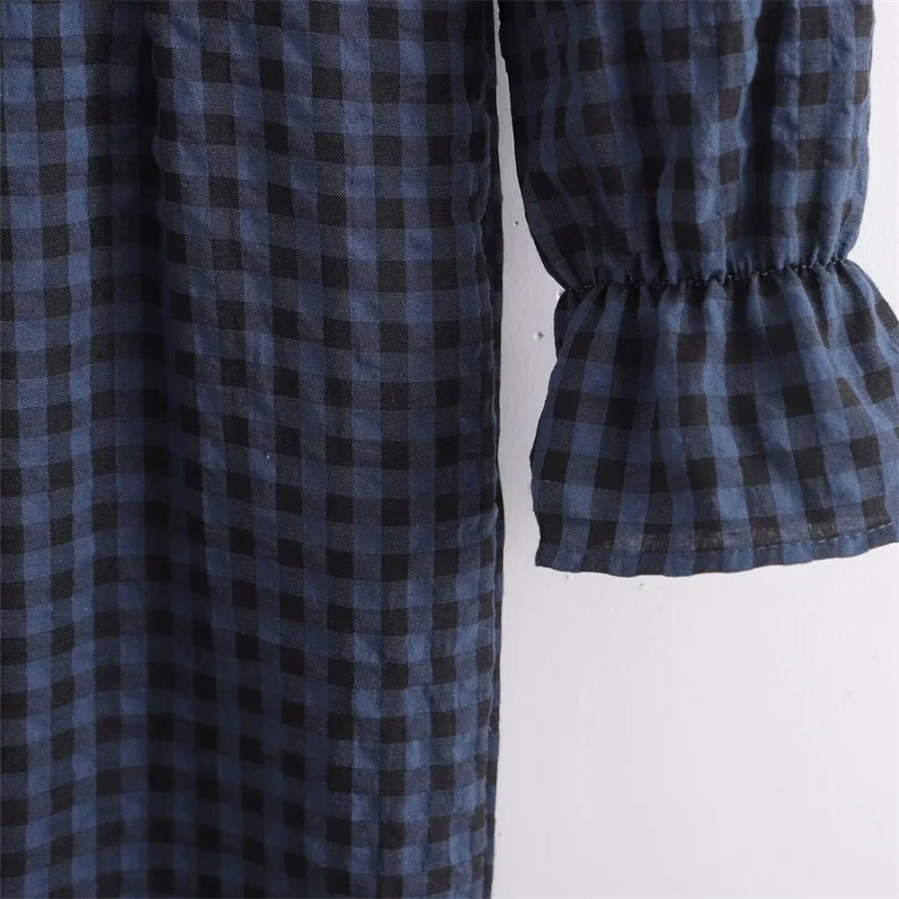 Women's Casual Plaid Bubble Sleeve Long Jumpsuit Versatile Fashionable Temperament Fit