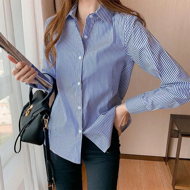 Women's Casual Long Sleeve Blouse Blue Striped Turn-Down Collar Lightweight Shirt for Spring and Summer