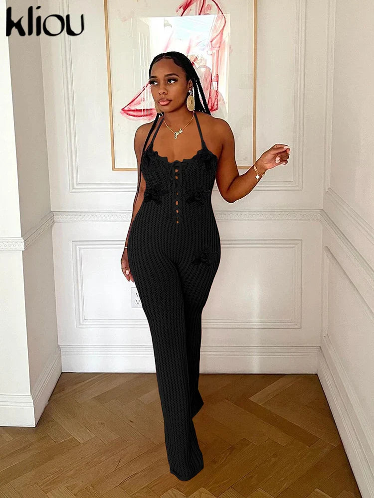 Knitted Floral Women Jumpsuit Sexy Pleated Halter Neck Bandage Low Back Skinny Overalls Trendy Solid Streetwear