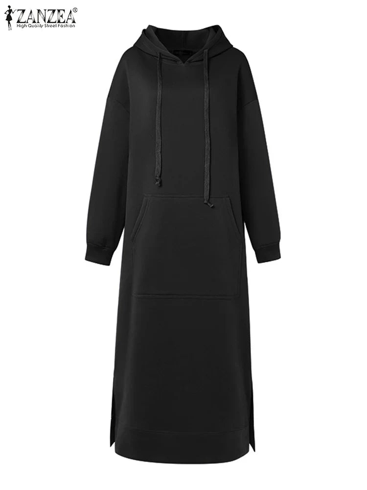 Womens Hooded Maxi Dress Boho Kaftan Robe with Pockets