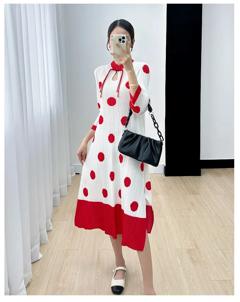 Polka Dot Pleated Dress for Women with Stand Collar