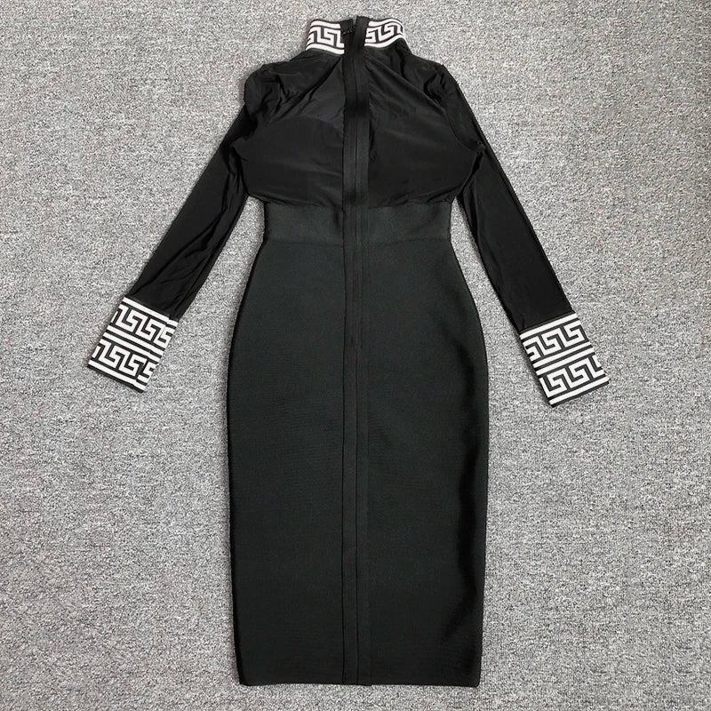 Black Mesh Bandage Dress for Women Long Sleeve Bodycon