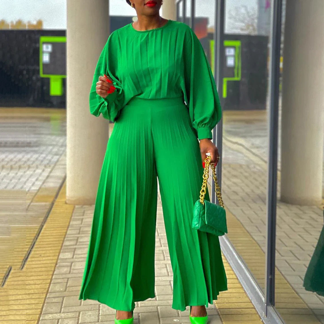 Elegant Two-Piece Women's Pants Set with O Neck Full Sleeve Blouse and High Waisted Wide Leg Trousers Fashionable Matching Outfit