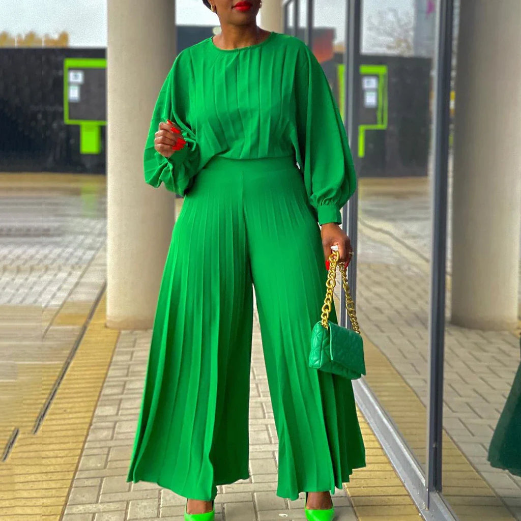 Elegant 2 Piece Women's Outfit with O Neck Blouse and High Waisted Wide Leg Pants Set