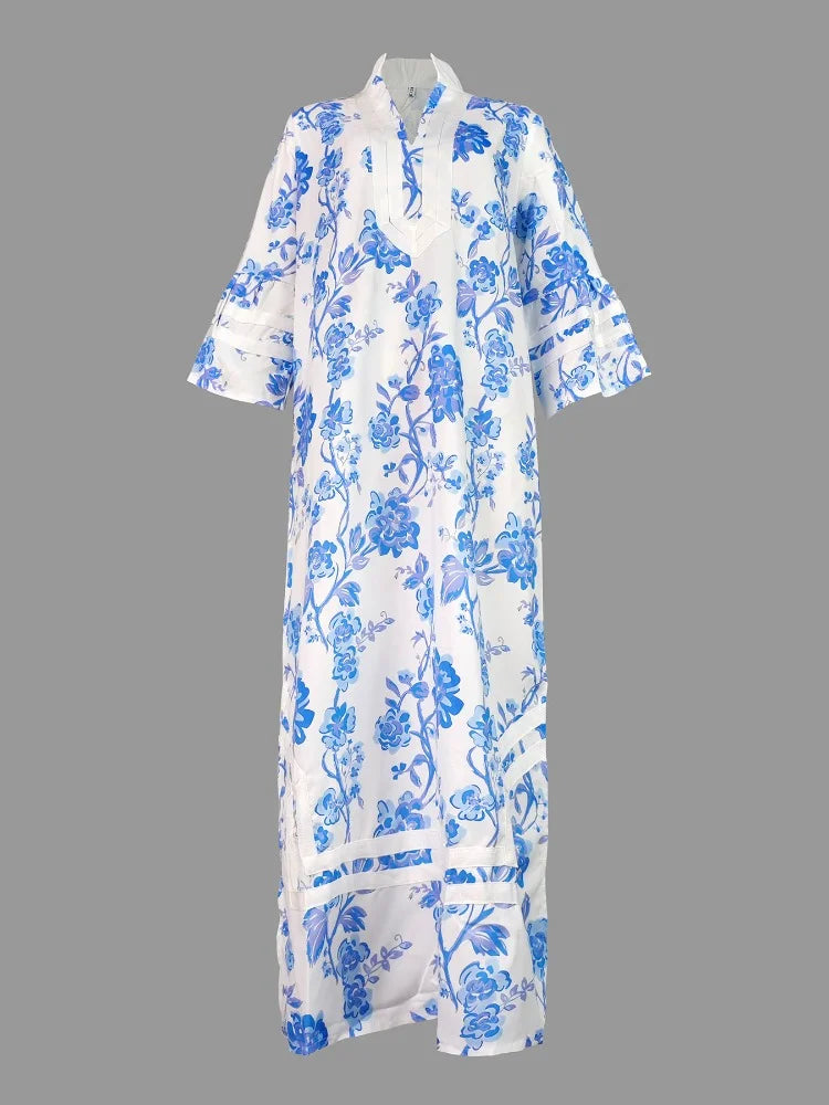 Floral Print Midi Dress With Deep V Neck And Split