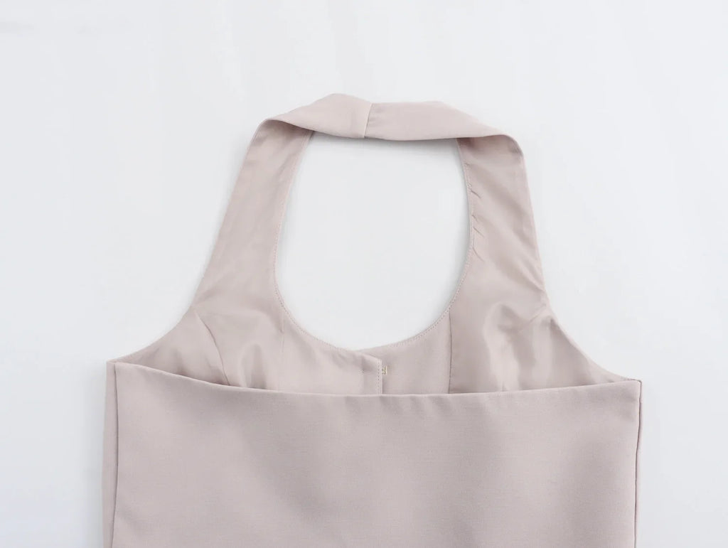 Women Fashion Solid Vest Pant Suit Set with Single Breasted Halter Cropped Top and High Waist Patchwork Trousers for Office Wear