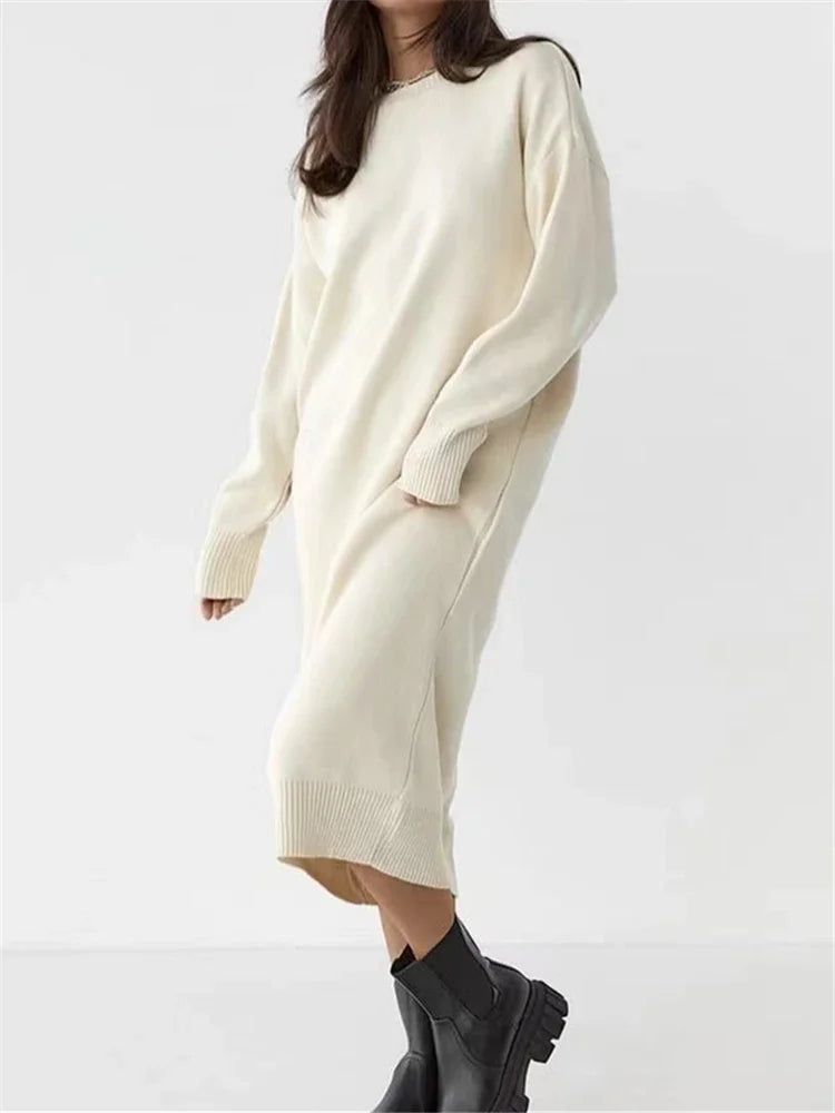 Oversize Knitted Dress for Women Long Sleeve O Neck Casual