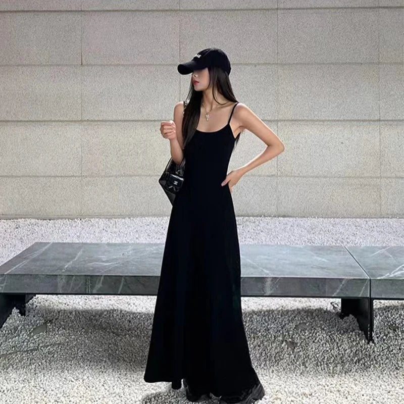 Y2K Black Strap Long Dress Sleeveless Bodycon Sundress
