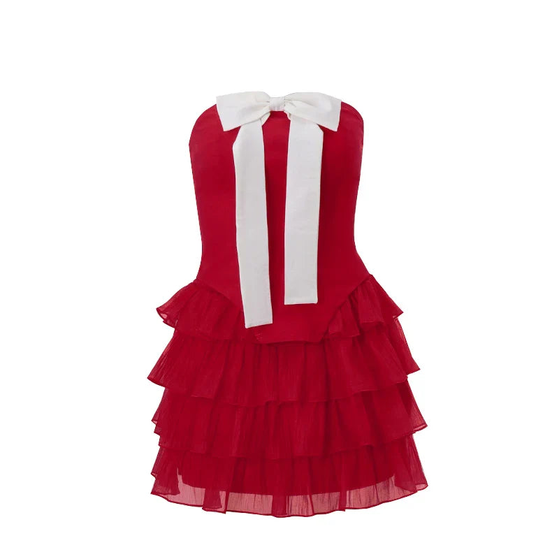 Y2K Bow Applique Mesh Pleated Mini Dress Strapless Backless