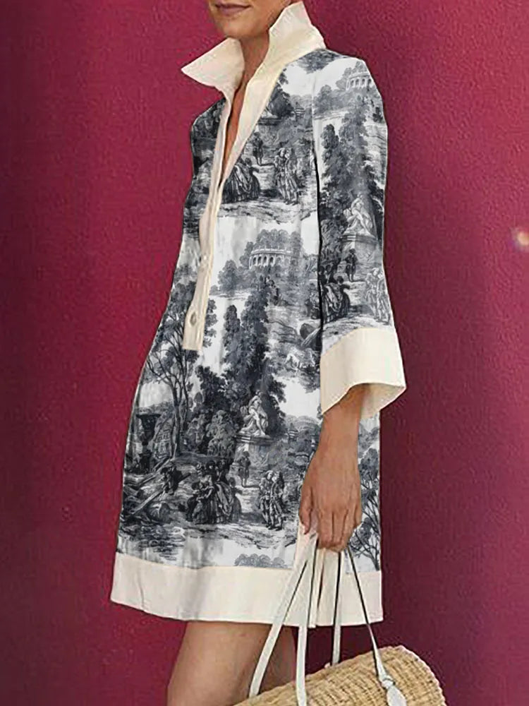 Casual Long Sleeve Printed Lapel Shirt Dress Mini Length