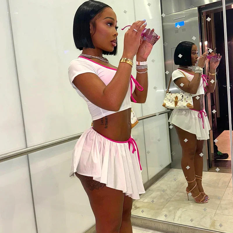 Women Two Piece Party Outfit Set Sexy Short Sleeve Crop Top and High Waist Pleated Mini Skirt Summer Fashion Ensemble