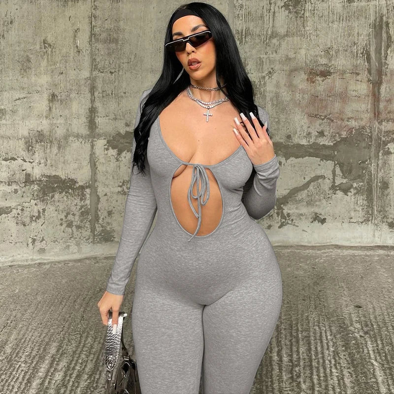Solid V Neck Long Sleeve Hollow Out Lace Up Sexy Bodycon Jumpsuit Women's Fashion Streetwear Sporty Romper Overalls for Fall