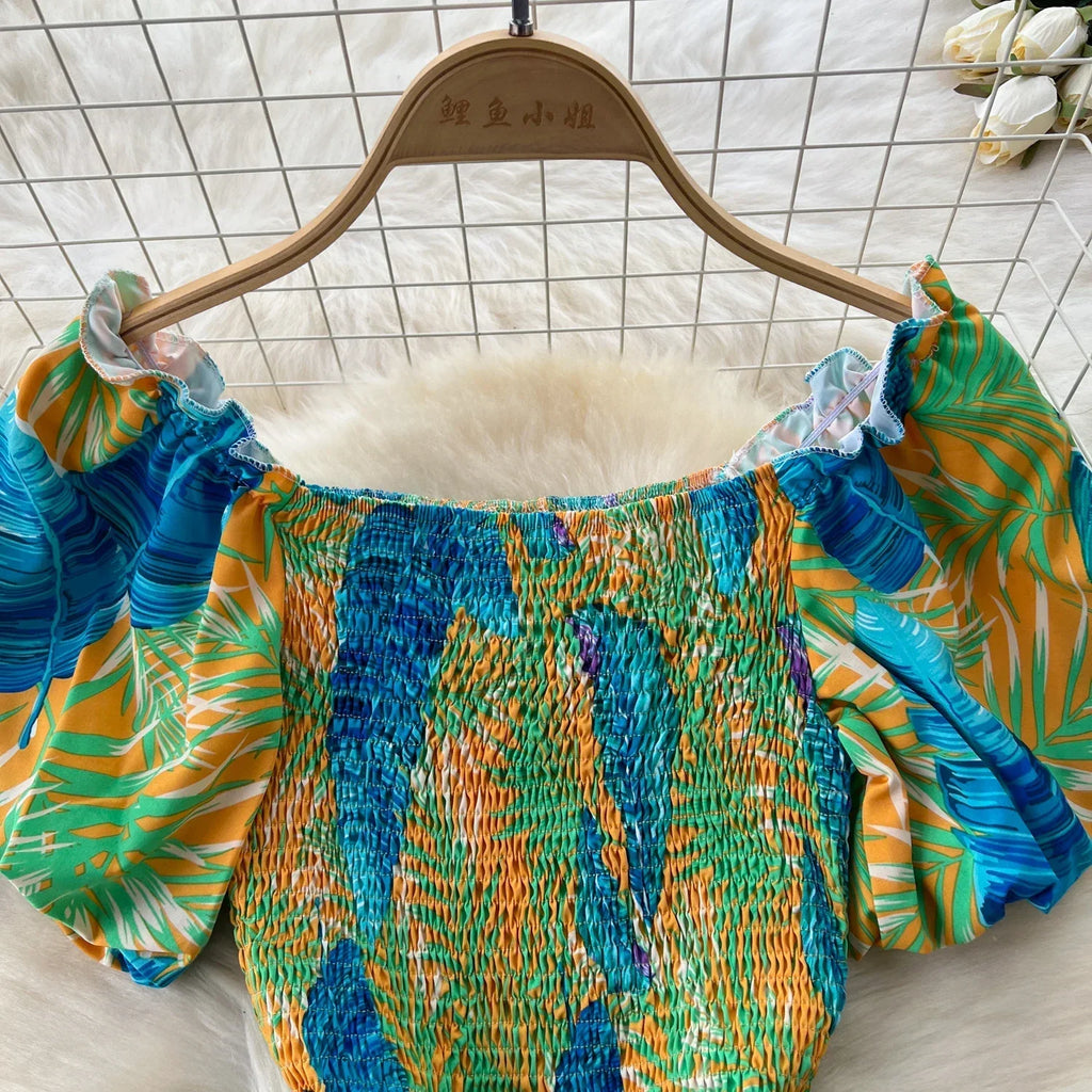 Square Neck Loose Pleated Jumpsuit with Ruffles Backless Design Wide Leg Long Pants Elegant Chic Printed Playsuit for Women