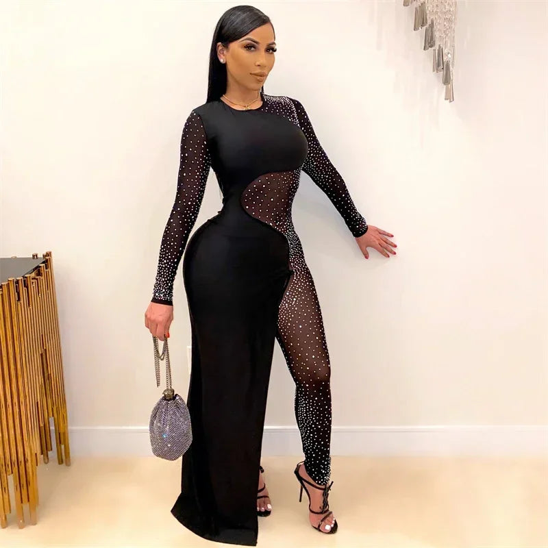 Elegant Rhinestone Long Sleeve Sheer Mesh Patchwork Skinny Jumpsuit Women's Luxury Night Party Club Romper Overalls Birthday Outfit