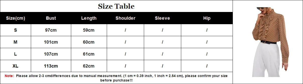 Long Sleeve Polka Dot Button Shirt for Women with Ruffle Detail Elegant Office Blouse Casual Fashion Top