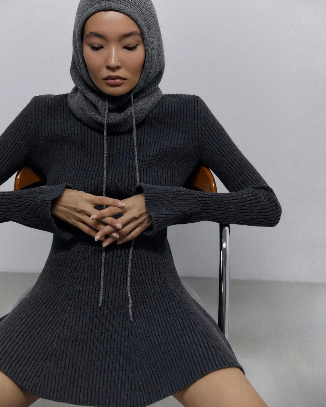 Elegant Women High Neck Knit Dress With Long Sleeve