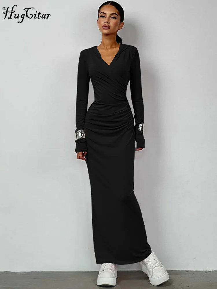V Neck Solid Maxi Dress With Draped Silhouette Long Sleeve