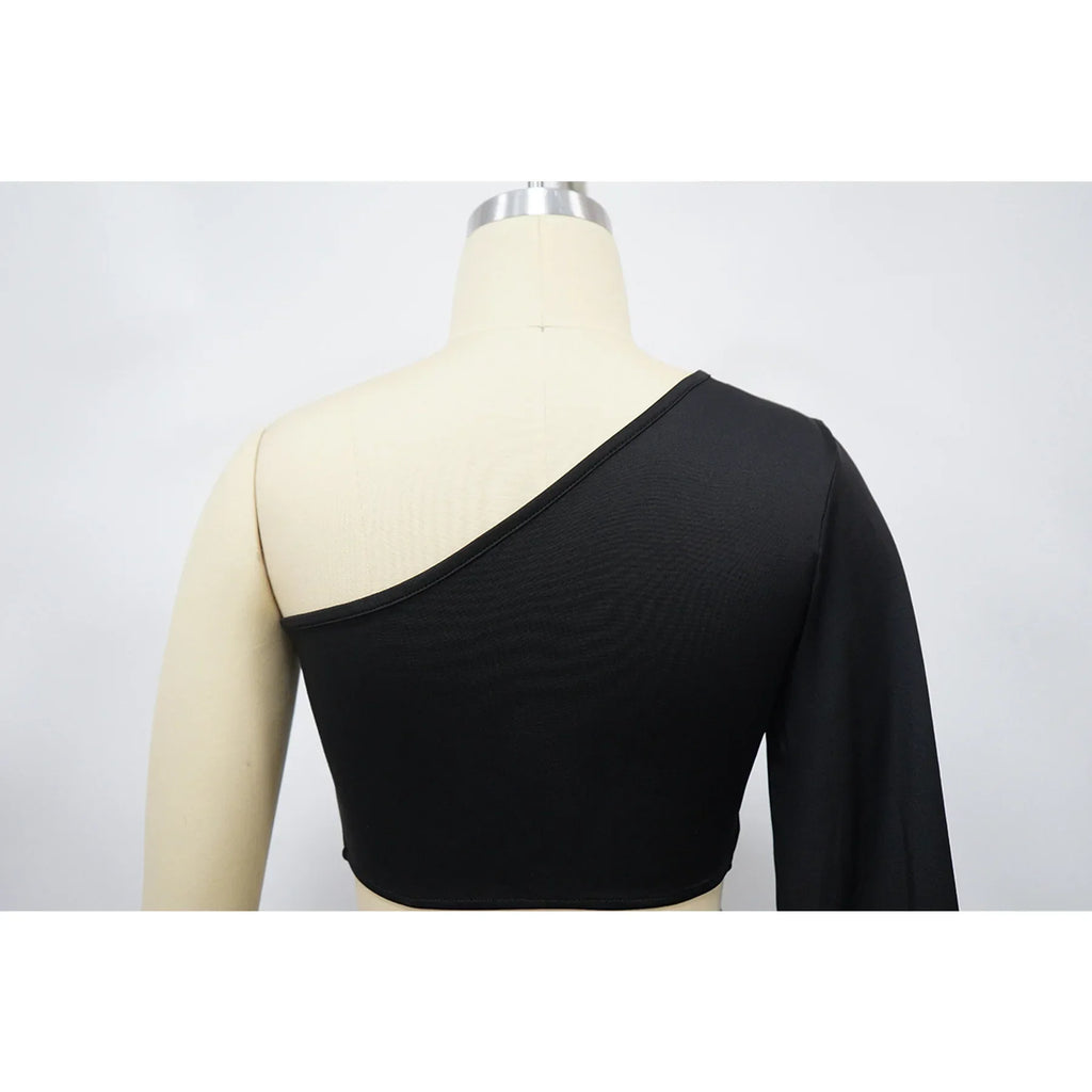 Women's Ruched One Shoulder Sleeve Crop Top and Wide Leg Pants Two Piece Set Outfit