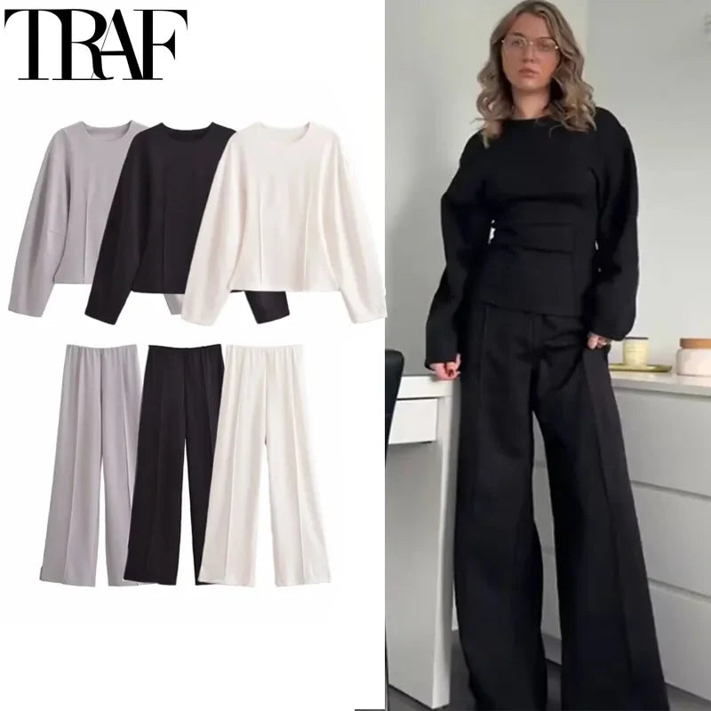 Pleated Long Sleeve Two Piece Pant Set for Women Comfortable Spring Sweatsuit
