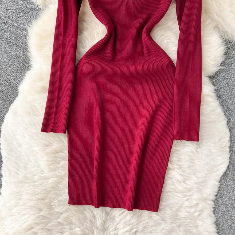 Knit Bodycon Dress For Women Long Sleeve Winter Sweater