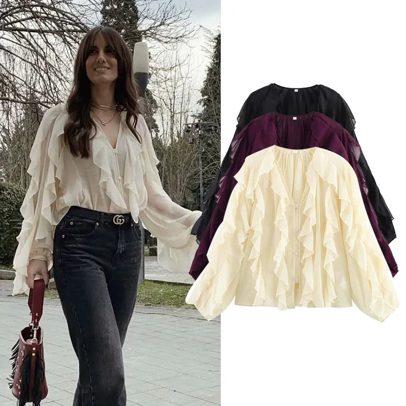 Women's Semi-Transparent V-Neck Tiered Decoration Long Sleeve Casual Shirt Blouse Top
