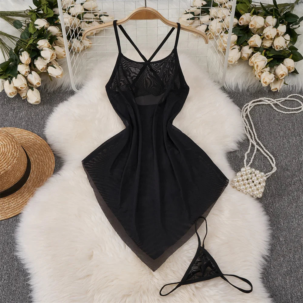 Backless Mesh Nightgown With Cross Strap Nightdress