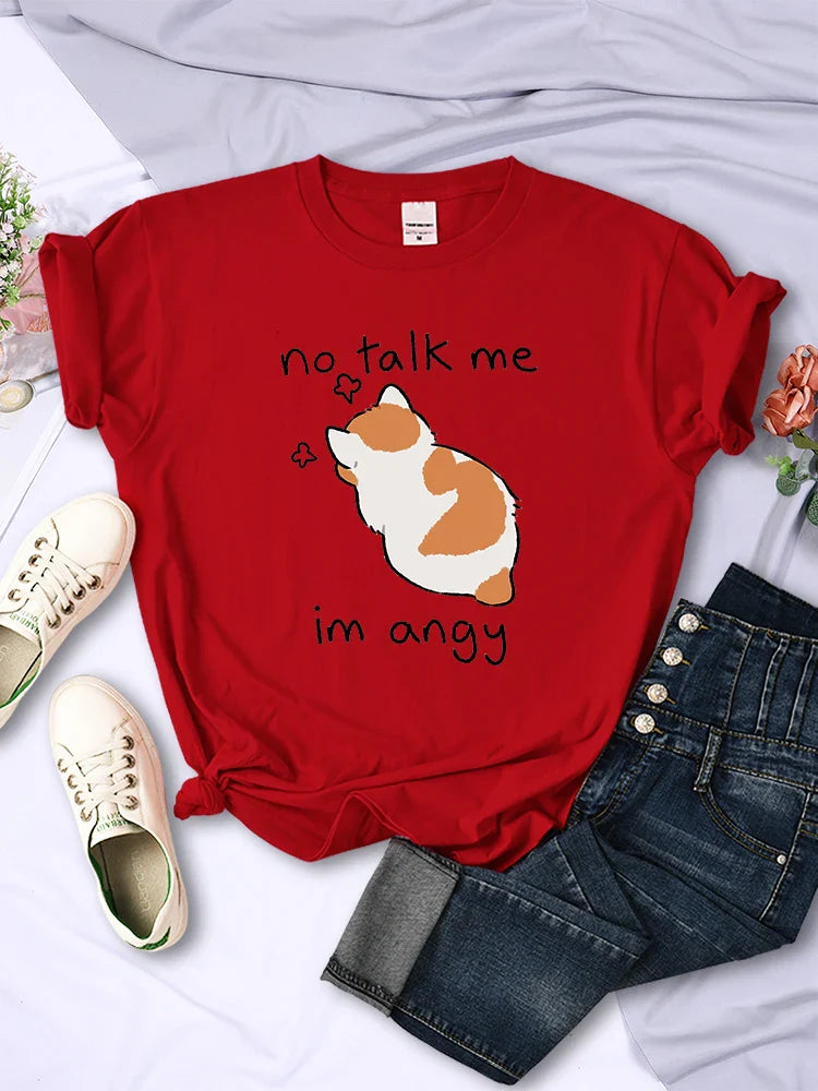 Cute Angry Cat Print T Shirt for Women Comfortable Summer Tee Breathable Hip Hop Style Short Sleeve Top