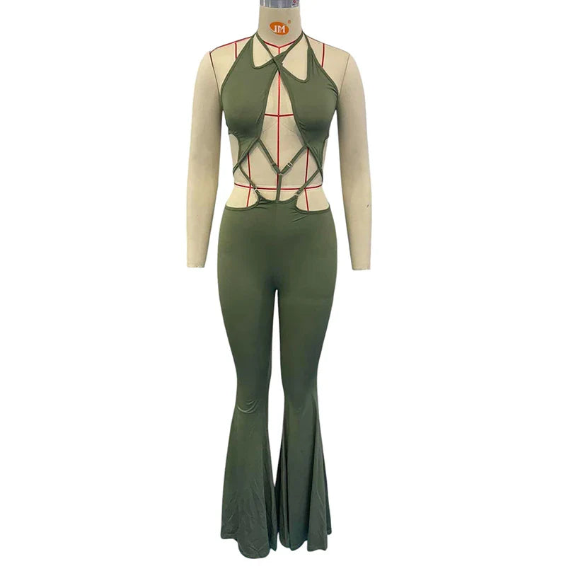 Stylish Women's Sleeveless Halter Neck Jumpsuit with Hollow Out Back and Nipped Waist Skinny Flare Pants Romper