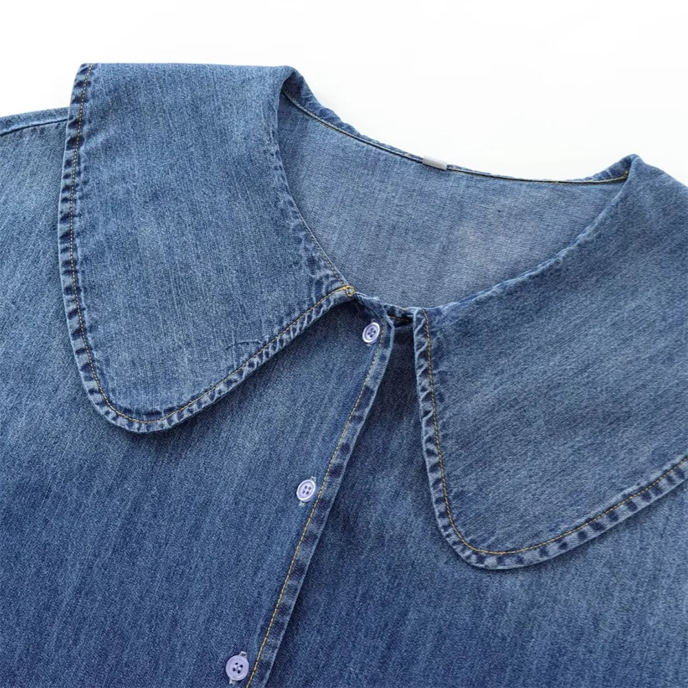 Women's Long Sleeve Cotton Cowboy Shirt with Round Collar Casual Versatile Autumn Top