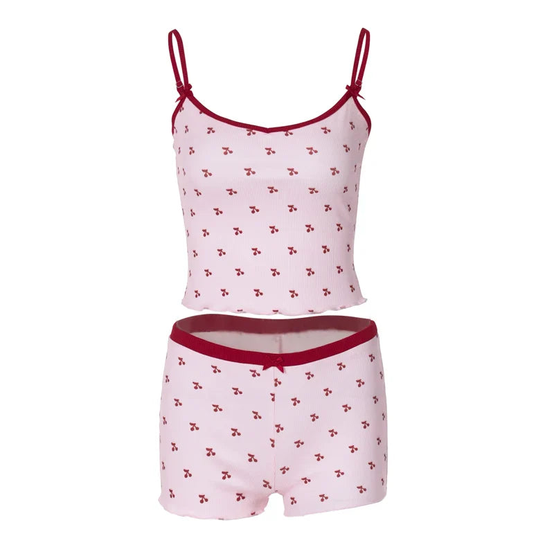 Cherry Print Two-Piece Matching Set with Slim Crop Camisole Top and Bow-Accent Shorts Summer Casual Festival and Workout Outfit for Women