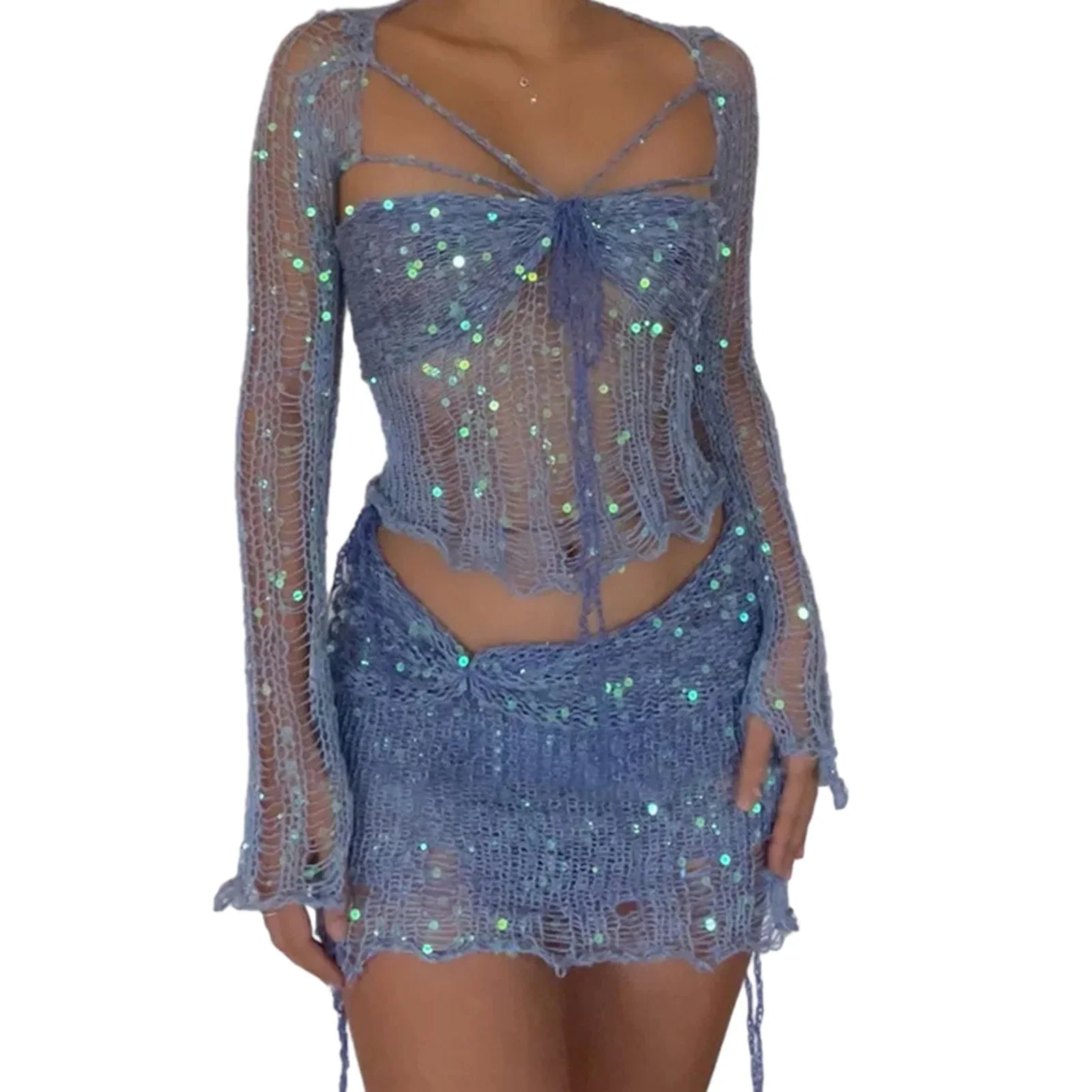 Sequin Crochet Three Piece Dress Set For Women Y2K Style