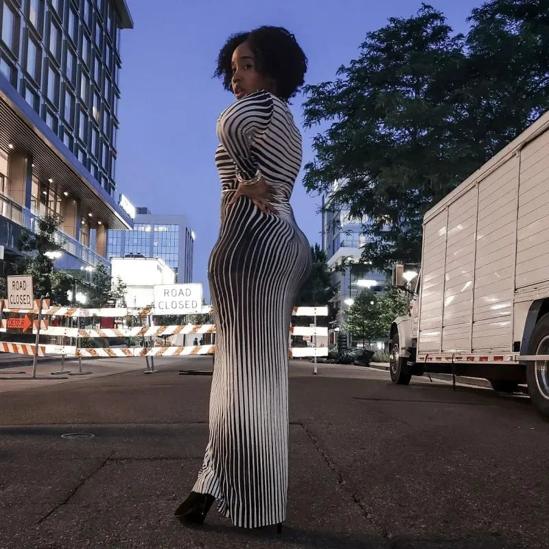 Autumn O Collar Long Sleeve Striped Evening Party Dress