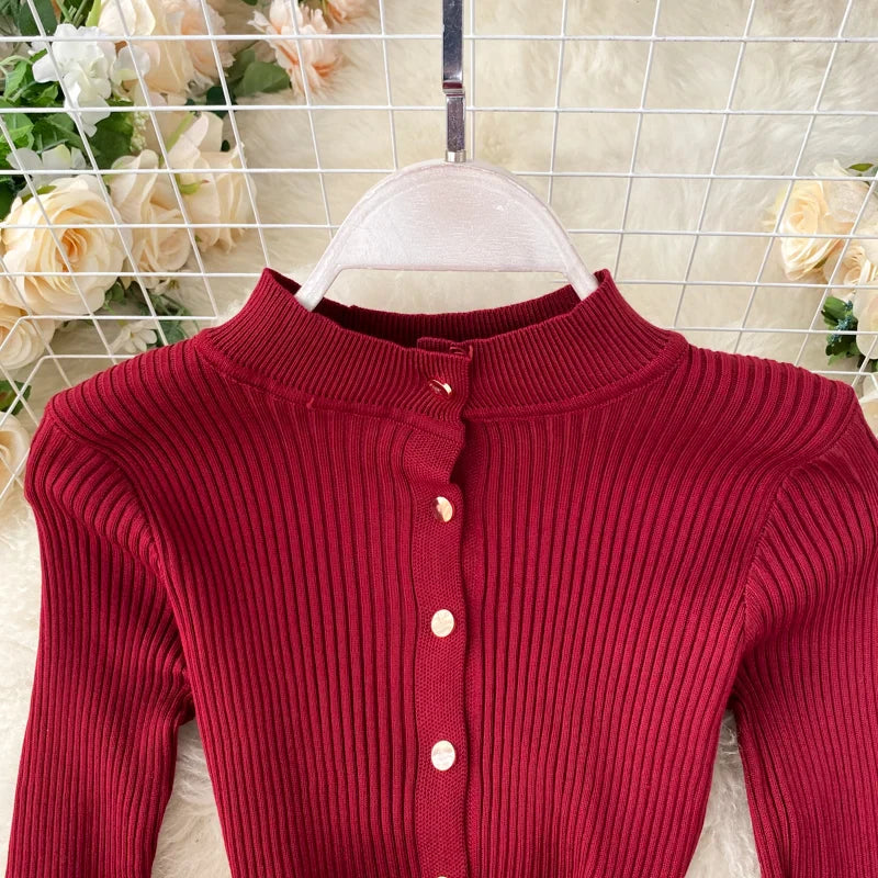 Womens Winter Knitted Dress Stand Collar With Sash Belt