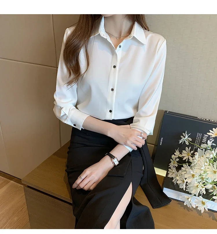Elegant Satin Long Sleeve Blouse for Women Casual Office Shirt Solid White Basic Top