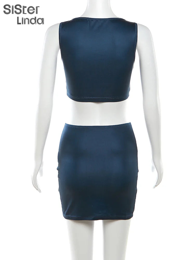 Casual Two Piece Set for Women Sleeveless Zipper Low Neck Tank Top with High Waist Hip Skirt Party Clubwear Ensemble