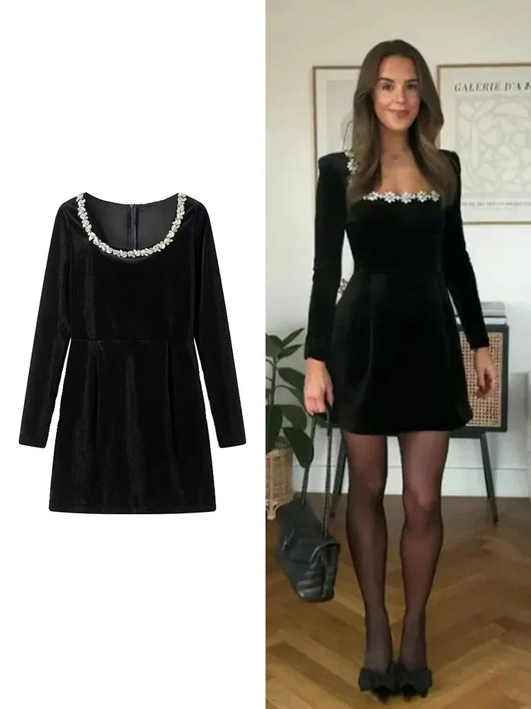 Beaded Mini Dress With Plunge Neckline And Long Sleeve