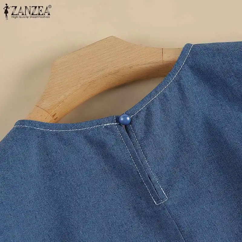 Denim Midi Dress for Women Sleeveless O Neck Blue Casual