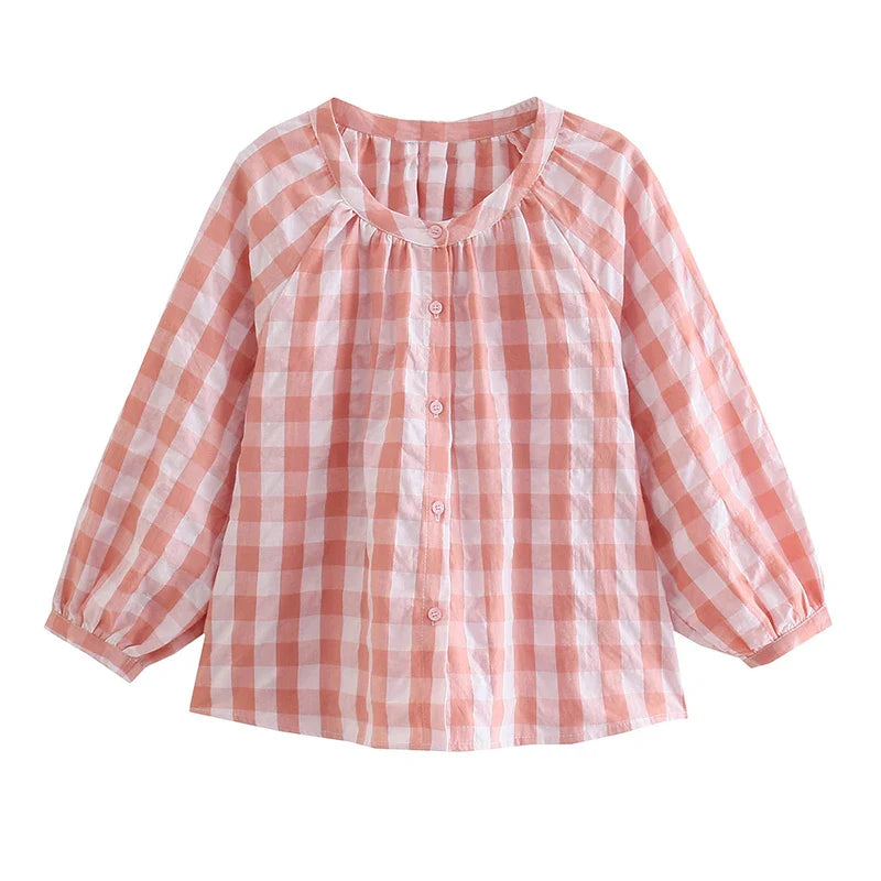 Women's Plaid Loose Fit Button Front O-Neck Blouse Casual Stylish Tops for Everyday Wear