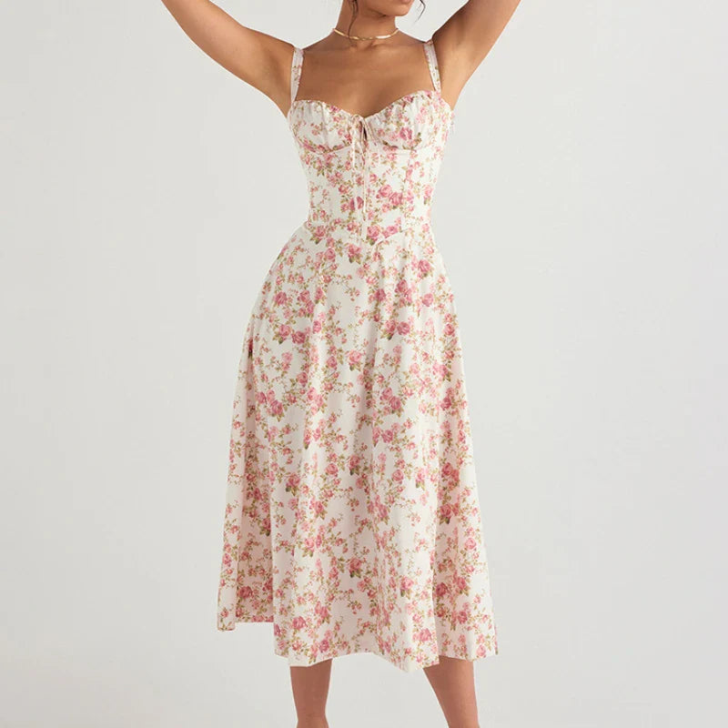 Boho Spaghetti Strap Midi Dress With Tie Front Floral Print