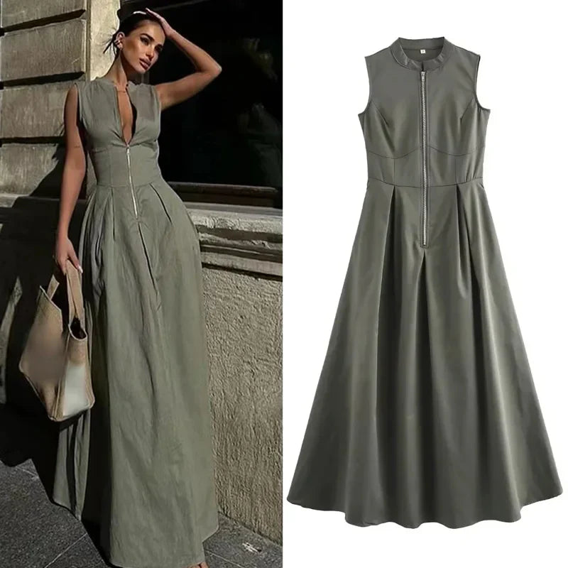 Sleeveless Pleated Maxi Dress With Zip Front And High Waist
