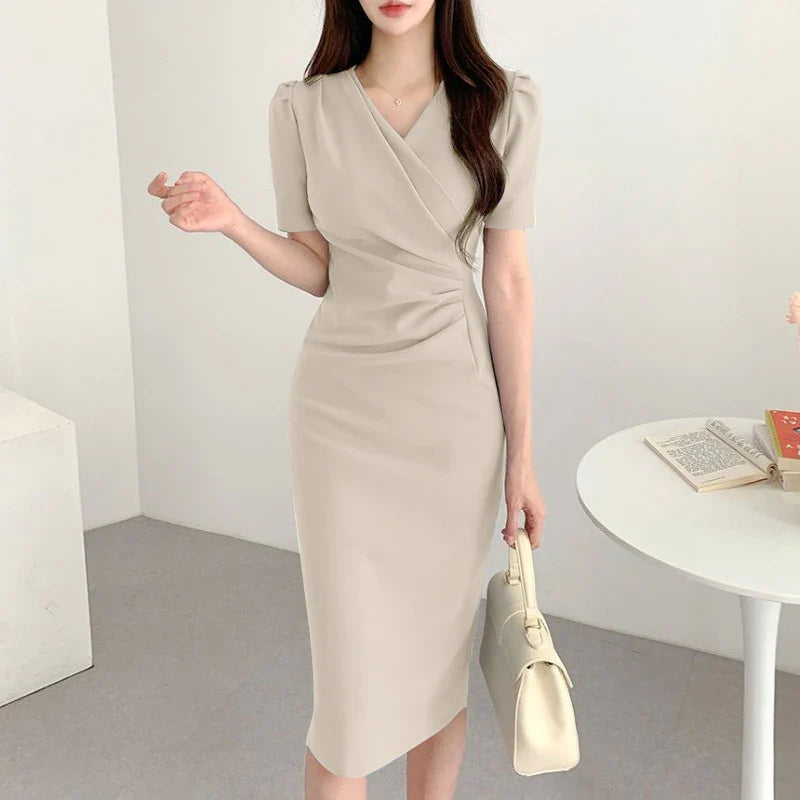Elegant Women Office Dress V Neck Solid Color Short Sleeve