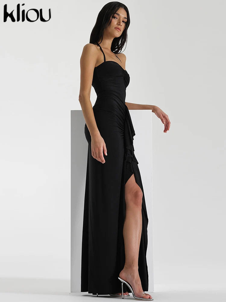 Halter Ruched Bandage Maxi Dress For Women Sleeveless