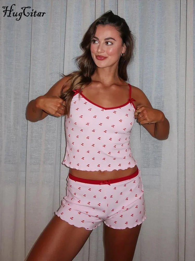 Cherry Print Two-Piece Matching Set with Slim Crop Camisole Top and Bow-Accent Shorts Summer Casual Festival and Workout Outfit for Women