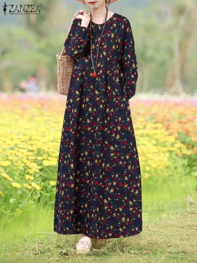 Boho Floral Print Maxi Dress With Long Sleeves Casual