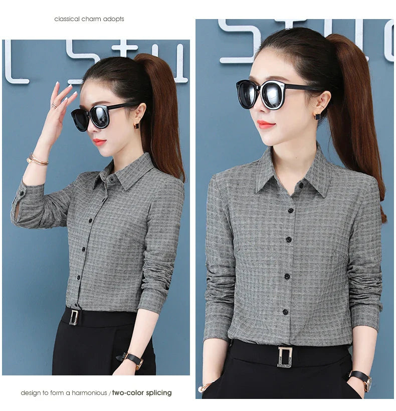 Women's Long Sleeve Slimming Cotton Shirt with Flip Collar Casual Versatile Top for Spring and Autumn Fashion