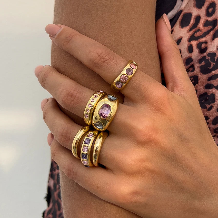 Adjustable Purple Zircon Inlaid Gold Color Ring Set for Women - 6 Piece Fashion Jewelry Collection