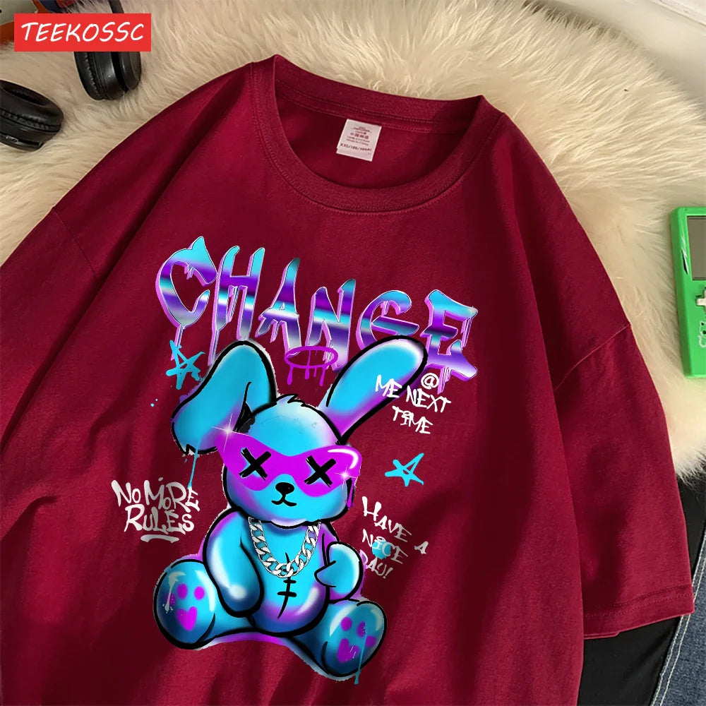 Trendy Cartoon Rabbit Print Summer T-Shirts for Women in Soft Cotton Short Sleeve Loose Fit Casual Tops